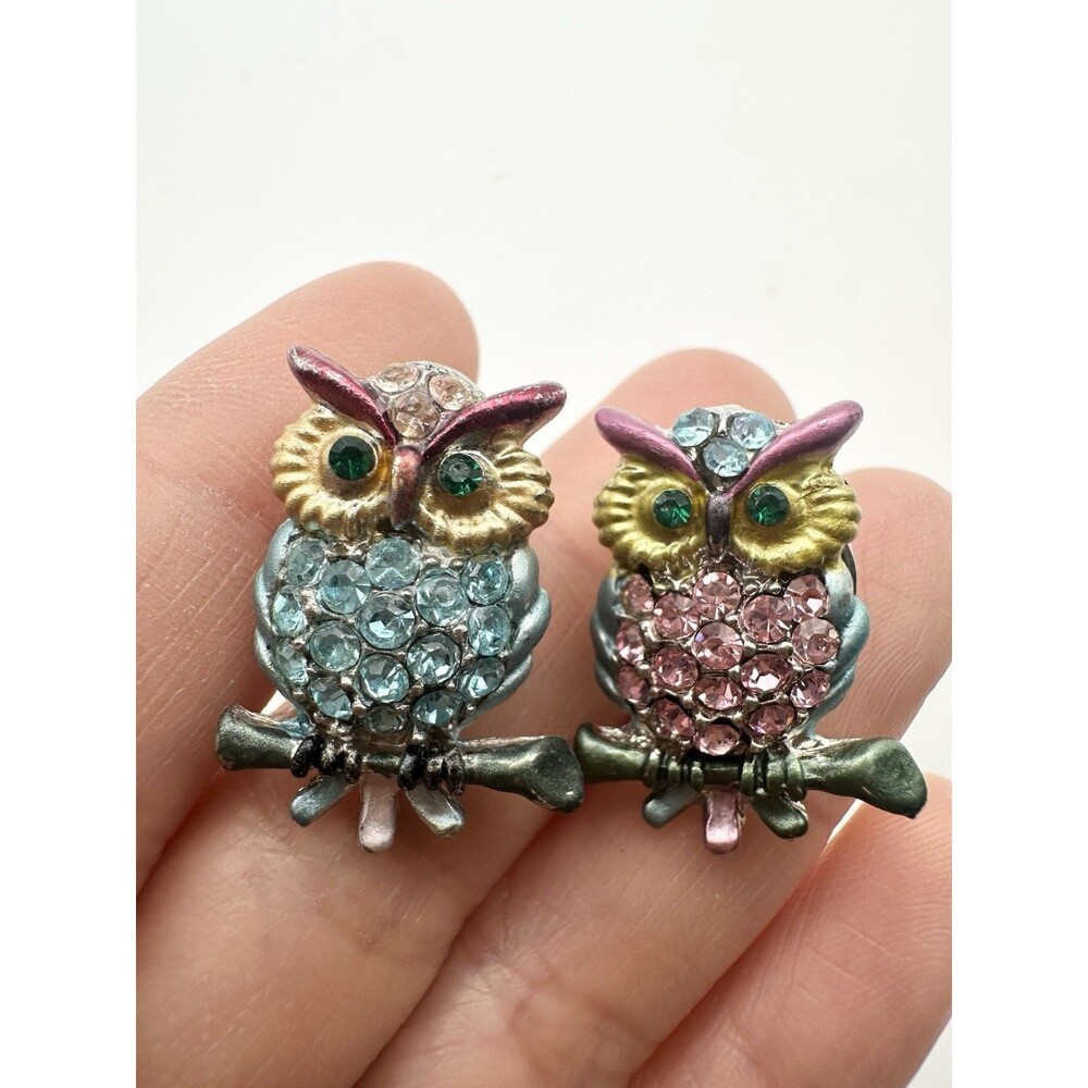 Silver Tone Rhinestone Owl Pin Set
